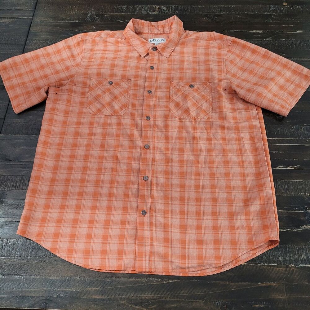 Orvis Men’s Orange Plaid Short Sleeve Button-Up Shirt Size XL Lightweight Casual